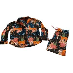 Room Service Pajama Set Women XL Black Tiger Floral Tropical Print Button Up